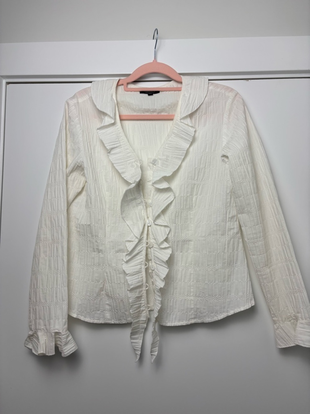 White Ruffle-Trim Button Front Blouse - Picture 2 of 5